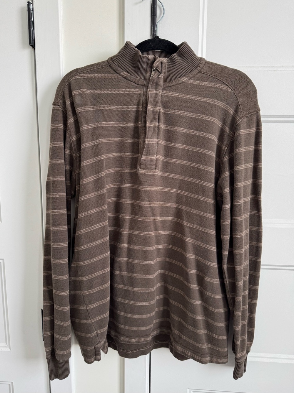 G H Bass Earth Brown Striped Unisex Long Sleeve Quarter Zip Up | 100% Cotton
